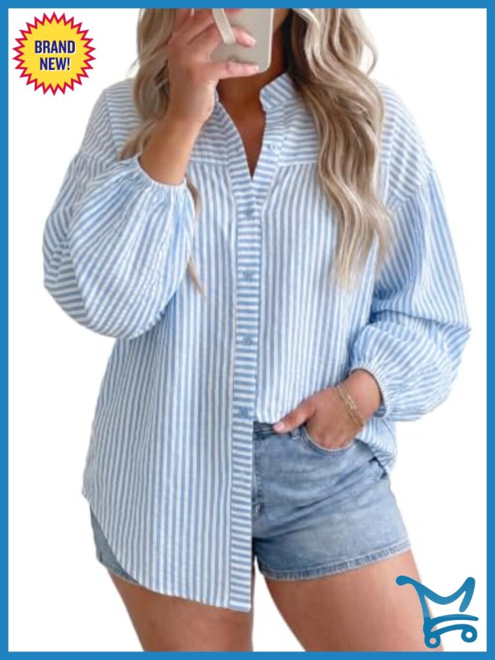 Women's Plus Size Striped Button Down Shirt Long Sleeve Puff Sleeve Ruffle